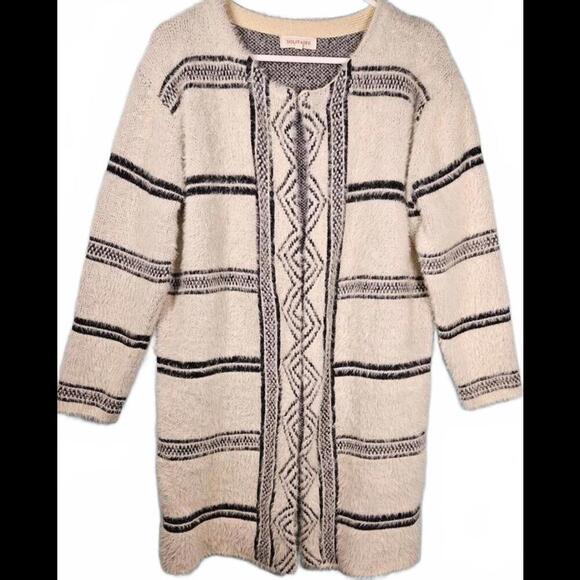 Anthropologie Solitaire Cream Striped Fuzzy Cardigan Size Large - Picture 1 of 8